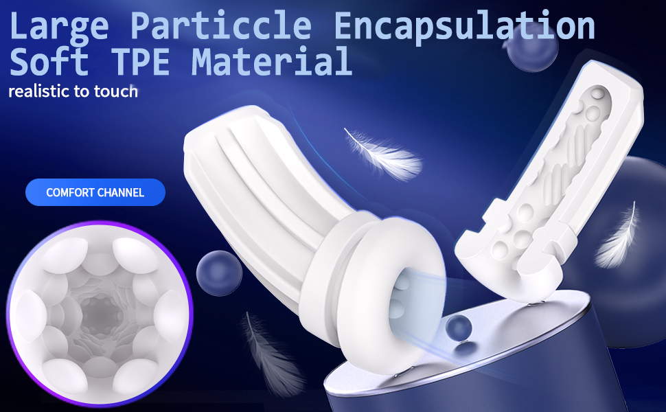 Soft TPE material product with large particle encapsulation, described as realistic to touch. Features a comfort channel and white, textured surface with feather imagery.