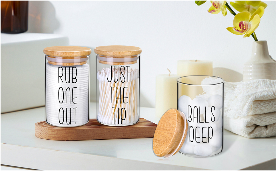 4 Pack Qtip Holder Glass Dispenser with Bamboo Lids for Bathroom