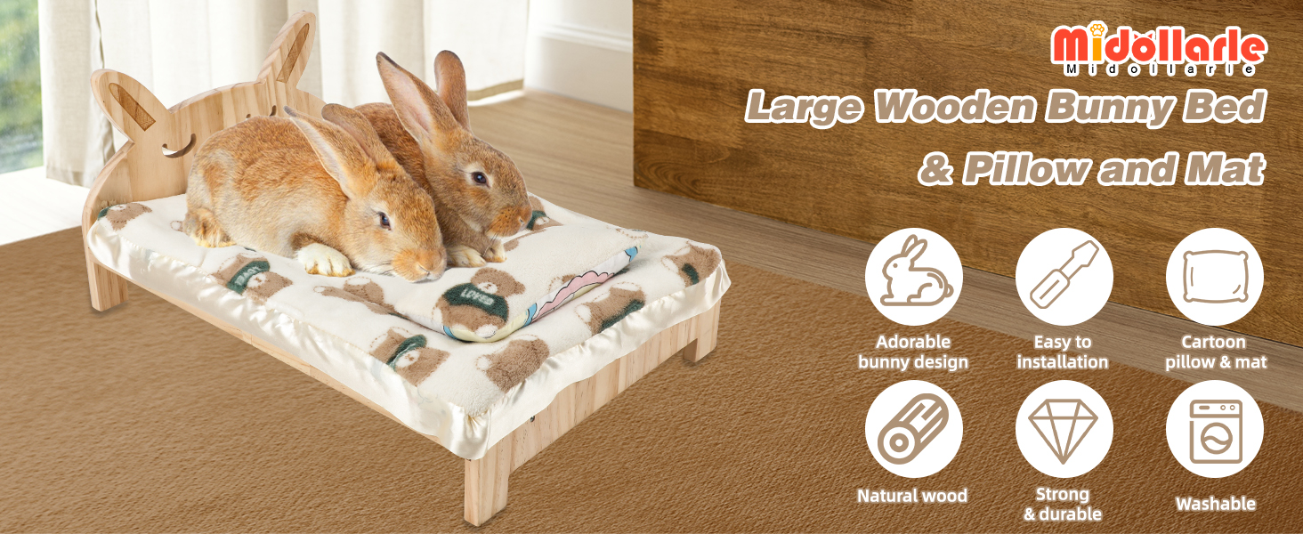 Large wooden bunny bed and pillow and mat