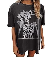 Oversized Hot Coffee Skeleton Shirt Women Halloween Skeleton Tshirt Funny Skull Graphic Tees Tren...