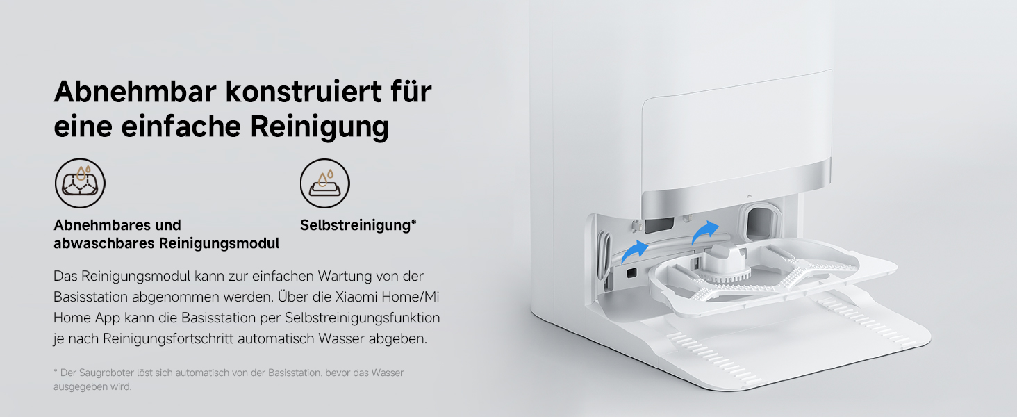 Text auf Deutsch lautet: „Abnehmbar konstruiert für eine einfache Reinigung“. Produktdiagramm oder Bedienungsanleitung mit Demontage- oder Reinigungsschritten mit technischen Abbildungen.