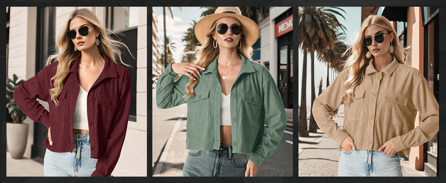 Three women modeling corduroy jackets in burgundy, sage green, and beige. Each jacket has a zip front and is paired with light wash jeans and sunglasses.