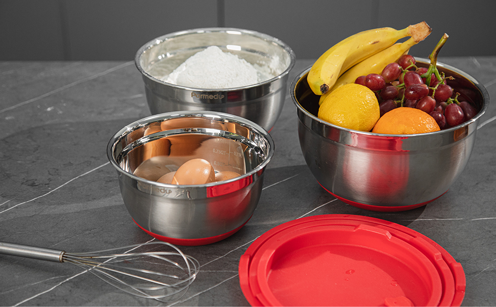 PARMEDU 100 304 Stainless Steel Mixing Bowl Set with Airtight Lids, 3