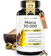 Dietary supplement bottle labeled 'Maca 30,000' by plusthnxl, featuring gold accent band and natural ingredients display with wooden bowl and nuts.
