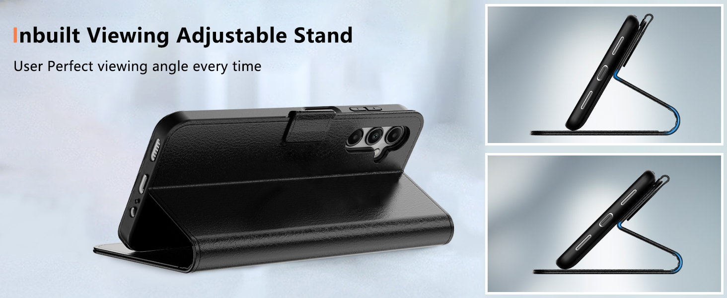 Multiple views of a black adjustable device stand or holder shown from different angles, demonstrating various positioning capabilities and adjustment mechanisms.