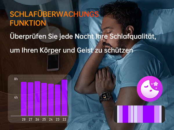 Schnittstelle zur Schlafüberwachung mit violettem Balkendiagramm der Schlafqualitätsdaten. Nachtszene mit schlafender Person, Smartphone und sichtbarem Mondsymbol