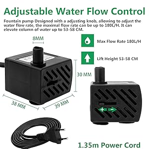 Einstellbare Wasserpumpe mit einer maximalen Durchflussrate von 180 l/h, einer Hubhöhe von 53–58 cm und einem 1,35 m langen Netzkabel. Abmessungen: 30x30x38mm. Mit Drehknopf zur Steuerung des Wasserdurchflusses.