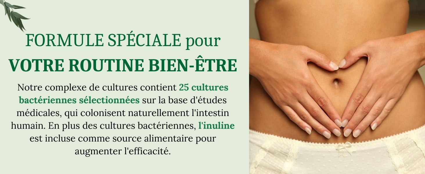 Publicité pour un supplément de bien-être contenant 25 cultures. Le texte en français le décrit comme une formule spéciale pour une routine de bien-être.