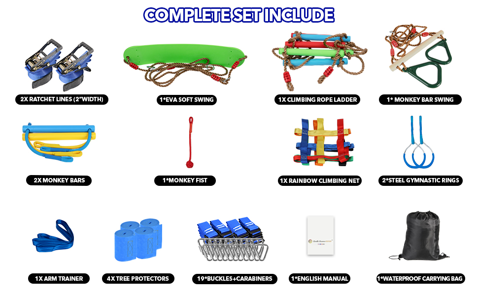 Ninja Line, Ninja Warrior Obstacle Course for Kids, 2x56FT Ninja Slackline with