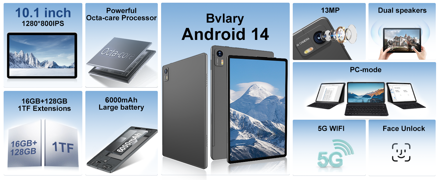 Tablet features: 10.1-inch screen, Android 14, 16GB+128GB storage, 6000mAh battery, octa-core processor, 13MP camera, dual speakers, 5G WiFi, face unlock, and PC mode functionality.