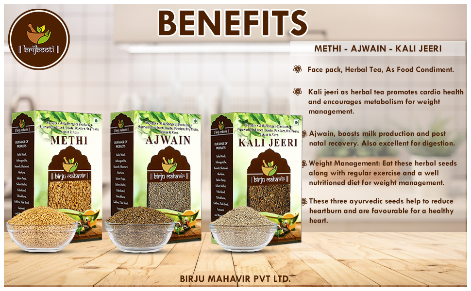Buy Birju Mahavir Combo Pack of Methi Ajwain kali Jeeri 400 Gr Online at Low Prices in India