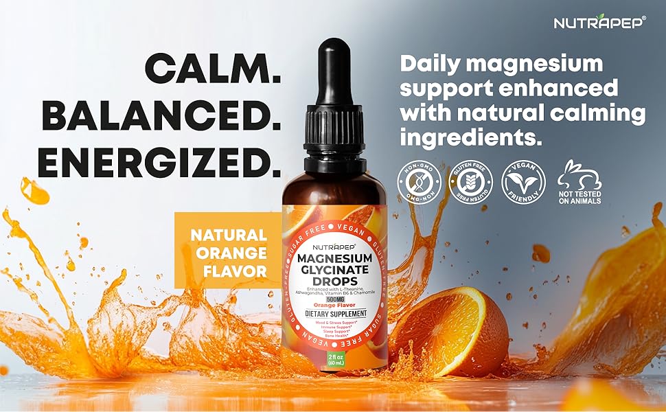 Pure liquid magnesium glycinate drops supplement for adults wellness with dropper bottle