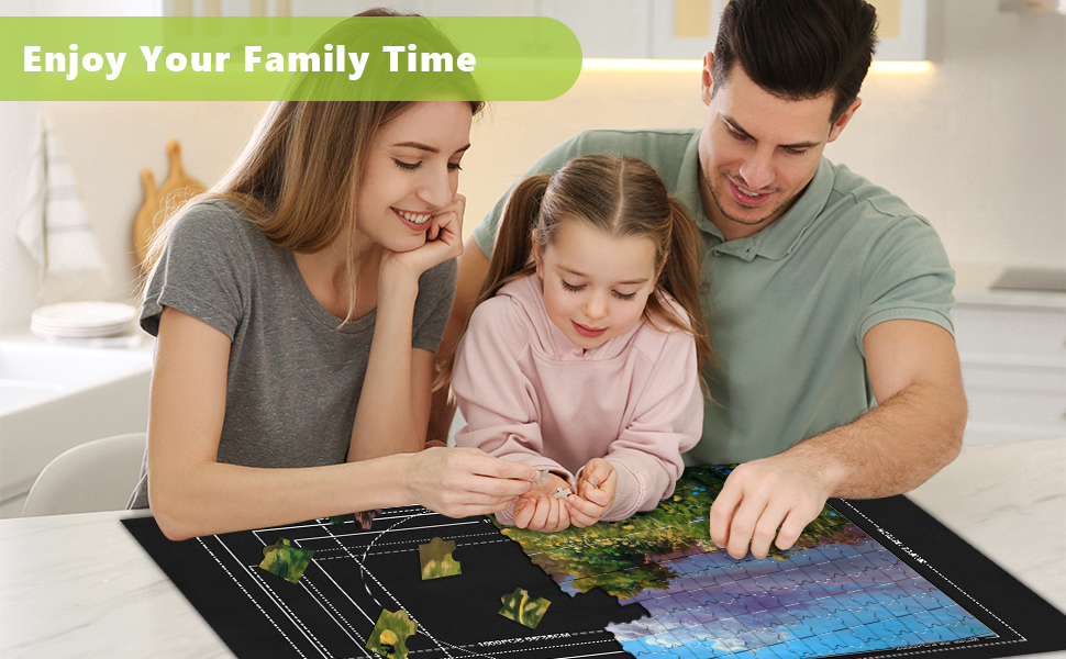 Family gathered around interactive touchscreen table, engaging with digital content. Text overlay reads 'Enjoy Your Family Time'.