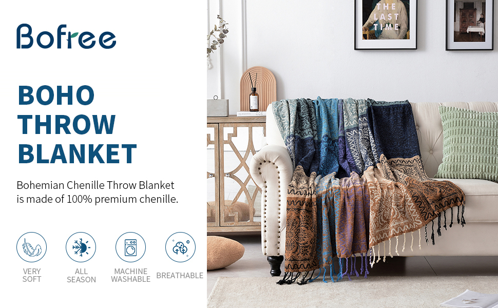 Bofree Boho Throw Blanket Hippie Chenille Jacquard Bohemian Chair Couch Sofa and