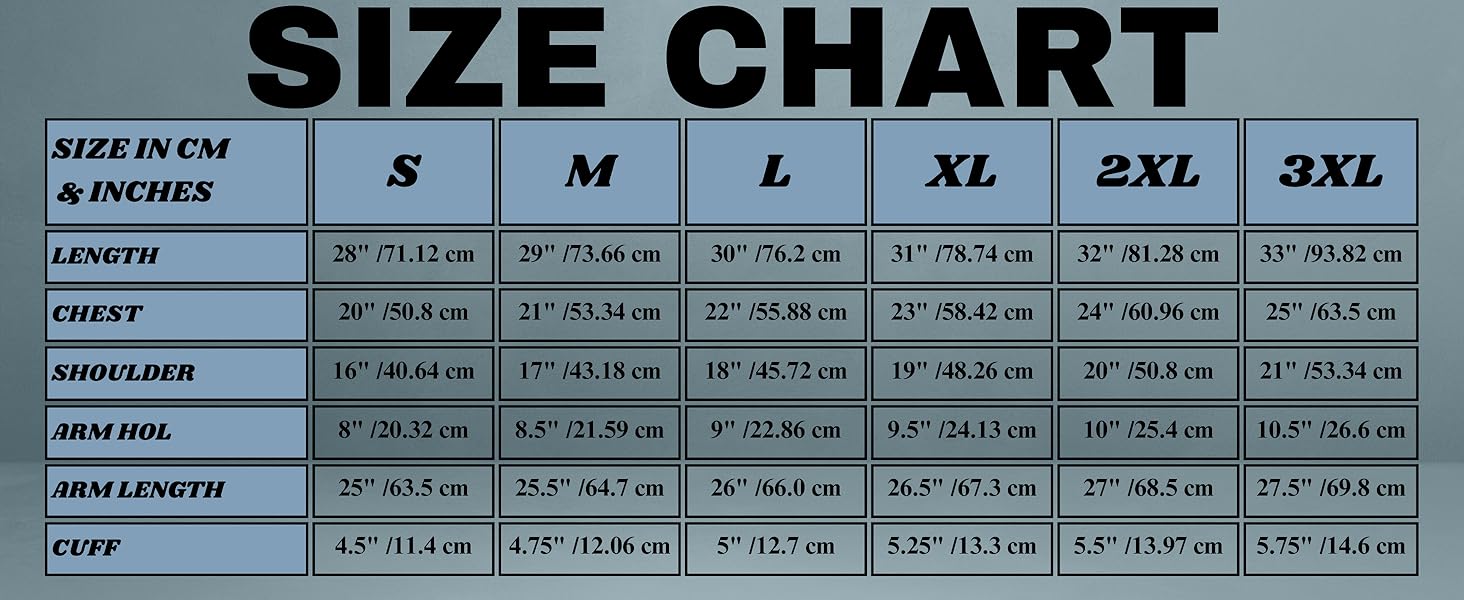 Text reads 'SIZE CHART'. Detailed sizing chart showing measurements for different sizes (S, M, L, XL, 2XL, 3XL) with corresponding dimensions in inches and centimeters.