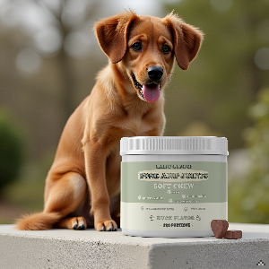 Un panier en osier rempli de jouets pour animaux de compagnie et de friandises naturelles sur une ta