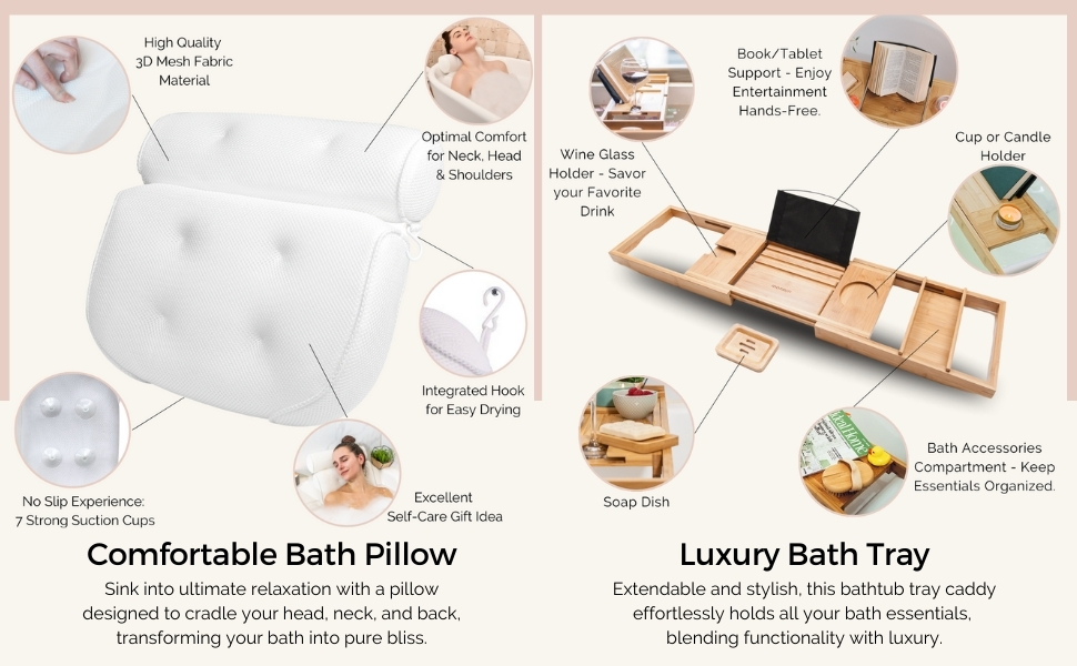bath tub pillows for head and neck and bathtub tray caddy for tub