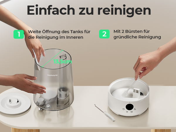 Two-panel image showing easy cleaning of a cylindrical device. Left: Wide opening for internal cleaning. Right: Two brushes for thorough cleaning.