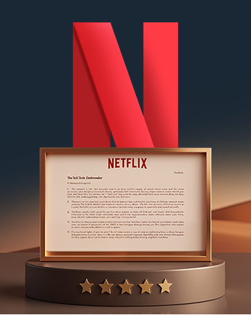 Text reads 'NETFLIX'. Red Netflix logo displayed on wooden plaque mounted on dark pedestal with five stars below.