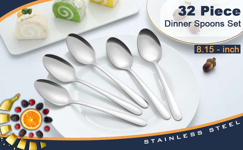 32 Piece Dinner Spoons Set, APEO 8 Inch Dessert Spoons Silverware