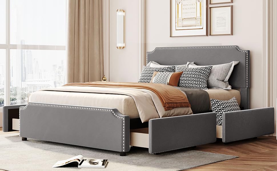 JULYFOX Velvet Bed Frame Queen Size Gray, Tufted Platform Bed Queen with 4 Storage