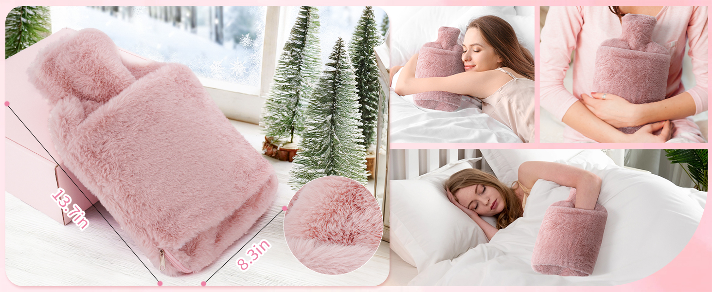 Pink plush blanket or throw shown in various lifestyle settings, including bedroom and living room scenes with winter decorations.