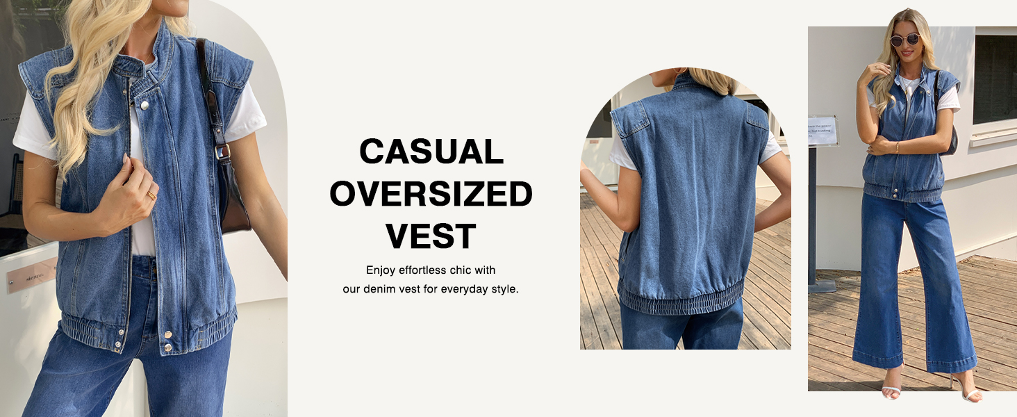  Womens Denim Vest Stand Collar Zip Up Jean Vest Utility Cargo Sleeveless Oversized Jackets
