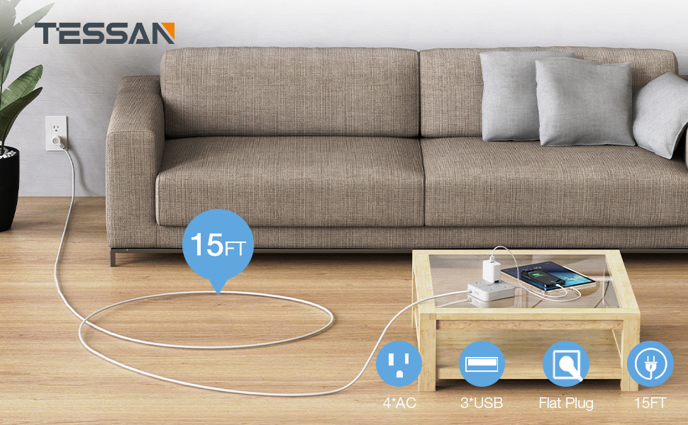Extension Cord 15 ft, TESSAN Power Strip Long Cord, Flat