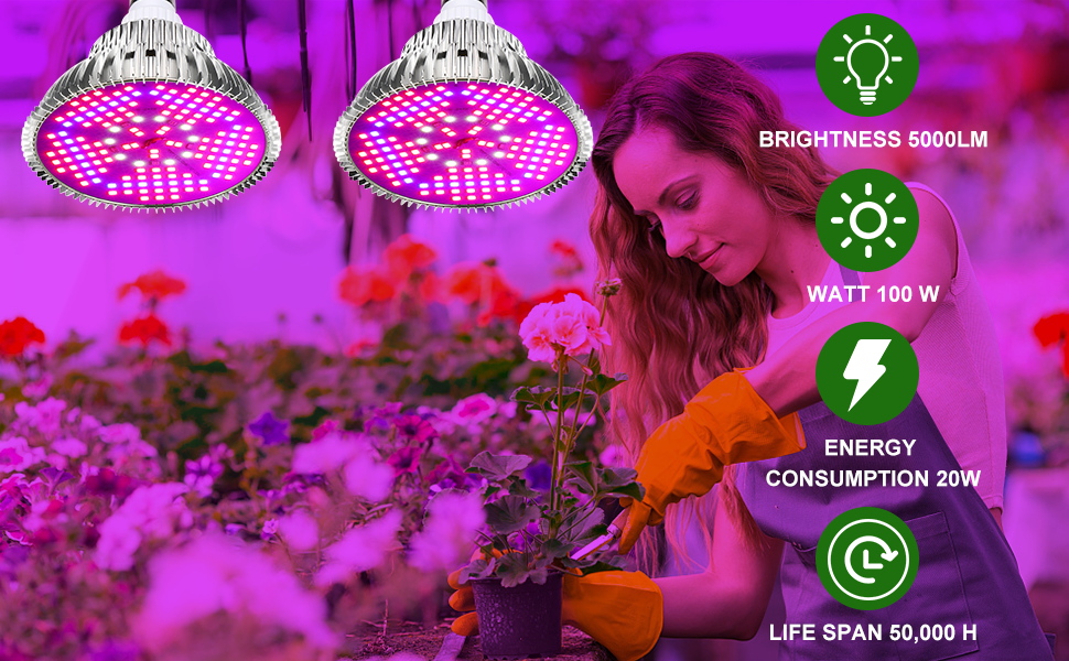 SINJIAlight 100W Grow Light LED Bulb Plant Lamp Full Spectrum, E27 Led