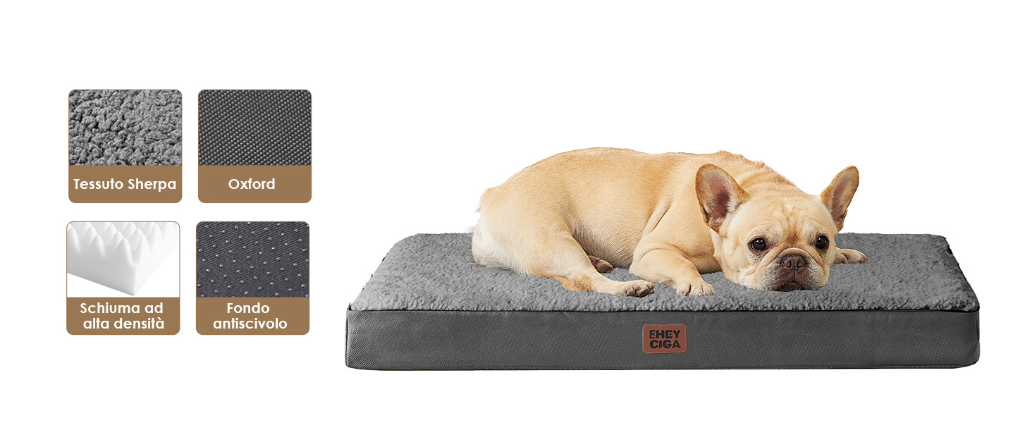 Cuccia ortopedica per animali domestici con superficie del cuscino grigia mostrata con un cane di piccola taglia appoggiato su di esso. Campioni di materiale a colori visualizzati nell'angolo.