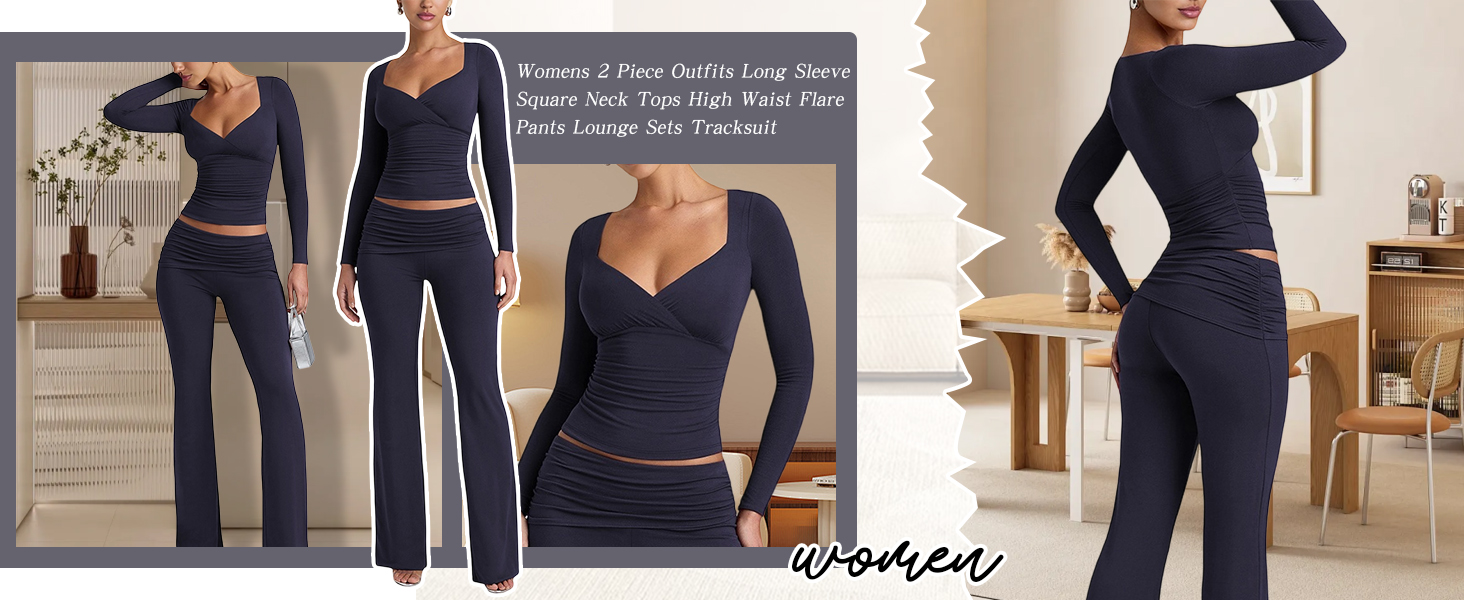2 Piece Sets for Women Lounge Loungewear Sets Cropped Tops High Waist Flare Pants Casual Outfits