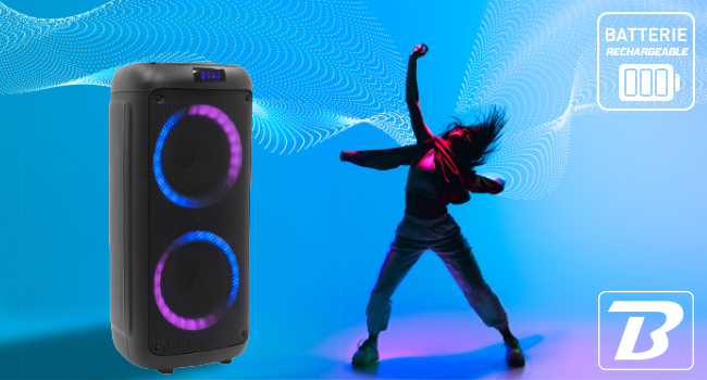 con dos paneles circulares iluminados que emiten luz azul y violeta. Silueta de una persona bailando cerca. Icono de batería en la esquina.