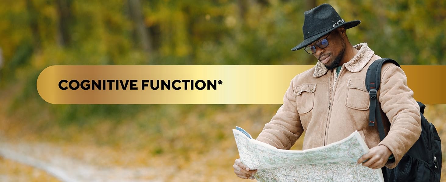 Memory improvement text with man in black hat looking at a map in the forest