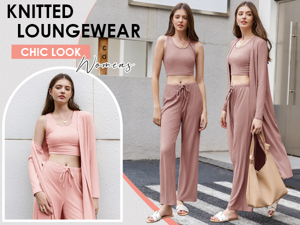 Fessceruna Womens 3 Piece Lounge Sets Pajamas Knit Long