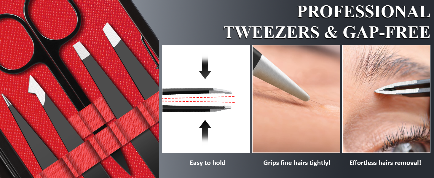 Professional tweezers set displayed on red background with instructional diagrams showing precision grip and usage techniques.