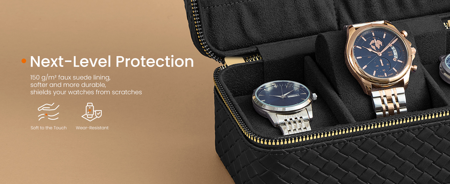 Puzdro na hodinky s dvoma priehradkami s modrými hodinkami. Text s nápisom „Next-Level Protection“ (Ochrana novej úrovne) s ikonami pre tlmenie nárazov a odolnosť voči poškriabaniu.