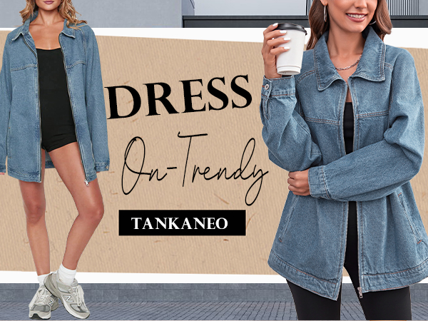Tankaneo Womens Oversized Denim Jackets Casual Zip up Spring