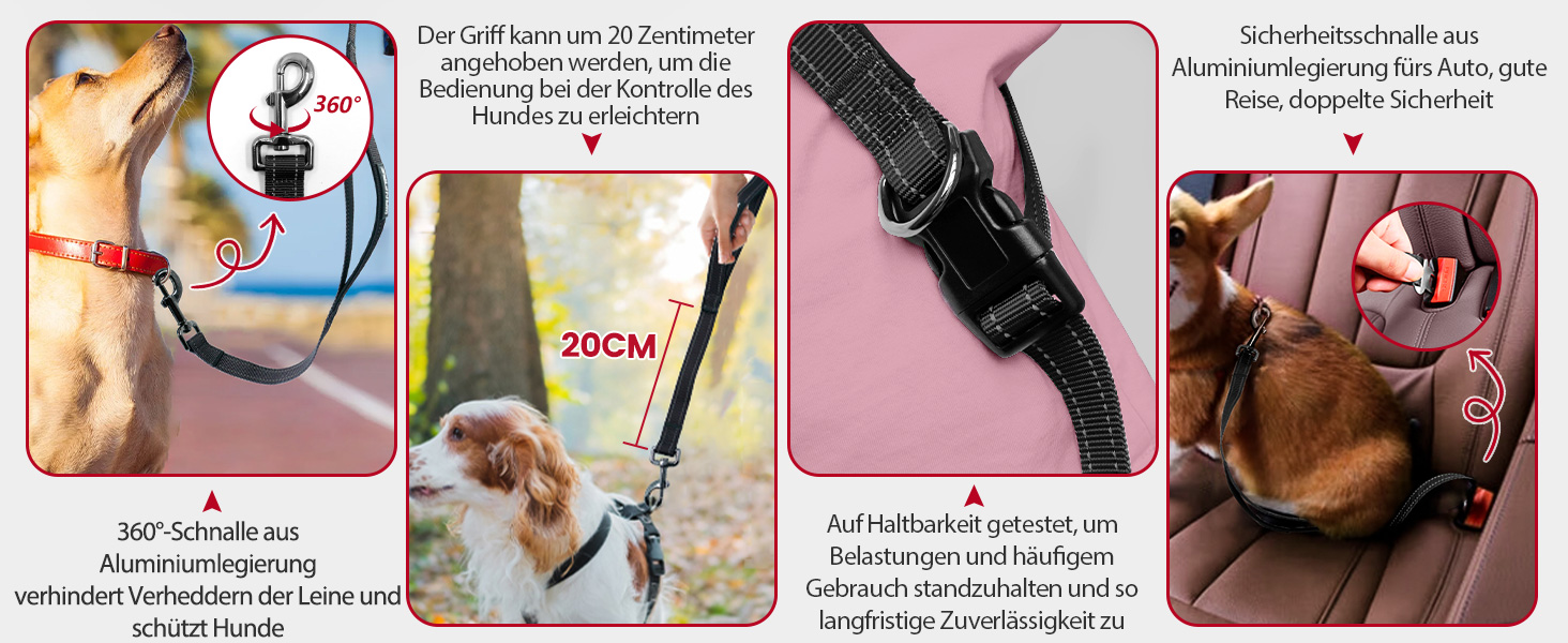 Bild mit dreiteiligem Tierzubehör: ausziehbare Leine mit Maßen, schwarzes Geschirr auf rosafarbenem Hintergrund und Halsband mit angesetzter