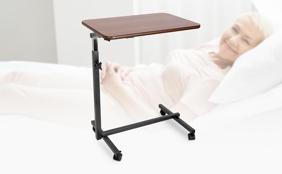 Altus Adjustable Overbed Bedside Table with Rolling Lockable Wheels