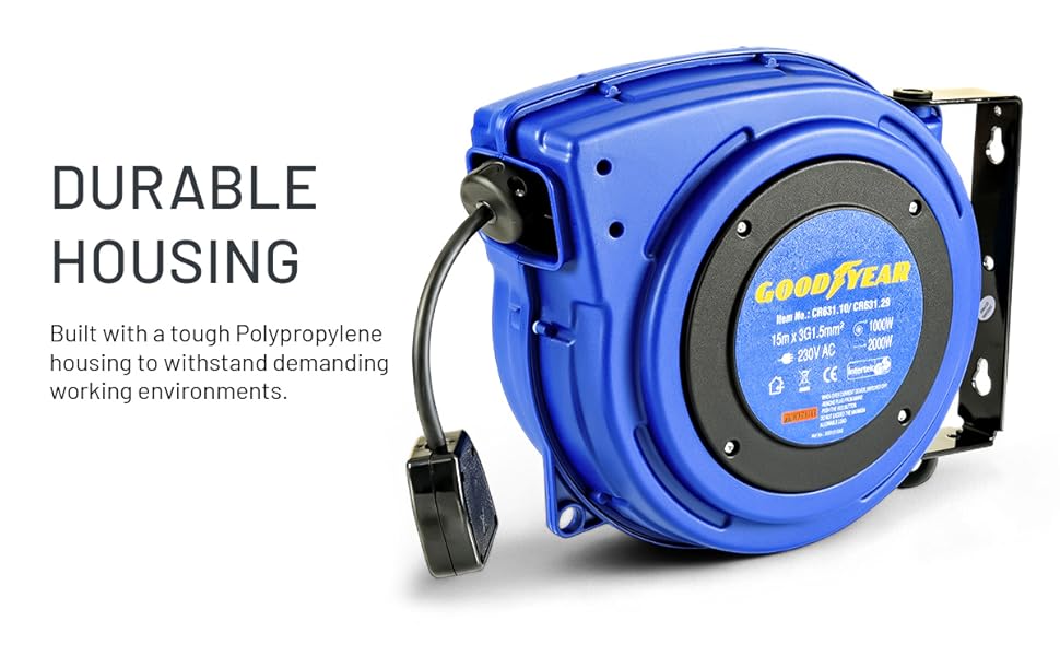 Text reads 'DURABLE HOUSING'. Multiple views of a blue industrial retractable cable reel or hose reel device with technical specifications visible.