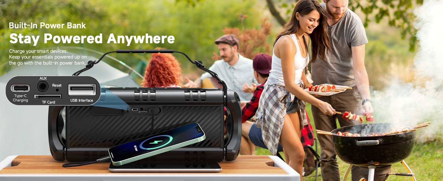 Portable bluetooth speaker with power bank feature shown alongside outdoor barbecue scene. Device displays USB ports and charging capabilities.