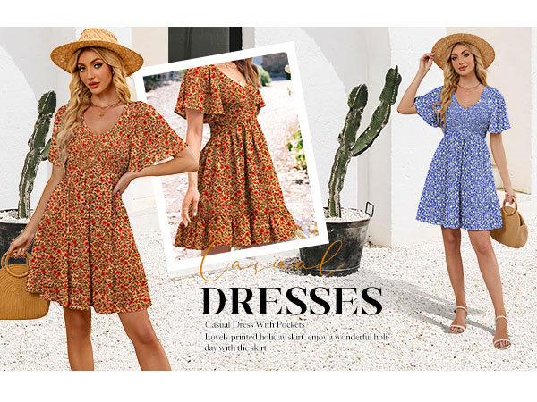 UEAL Cute Summer Dresses for Women Teens Blue Floral