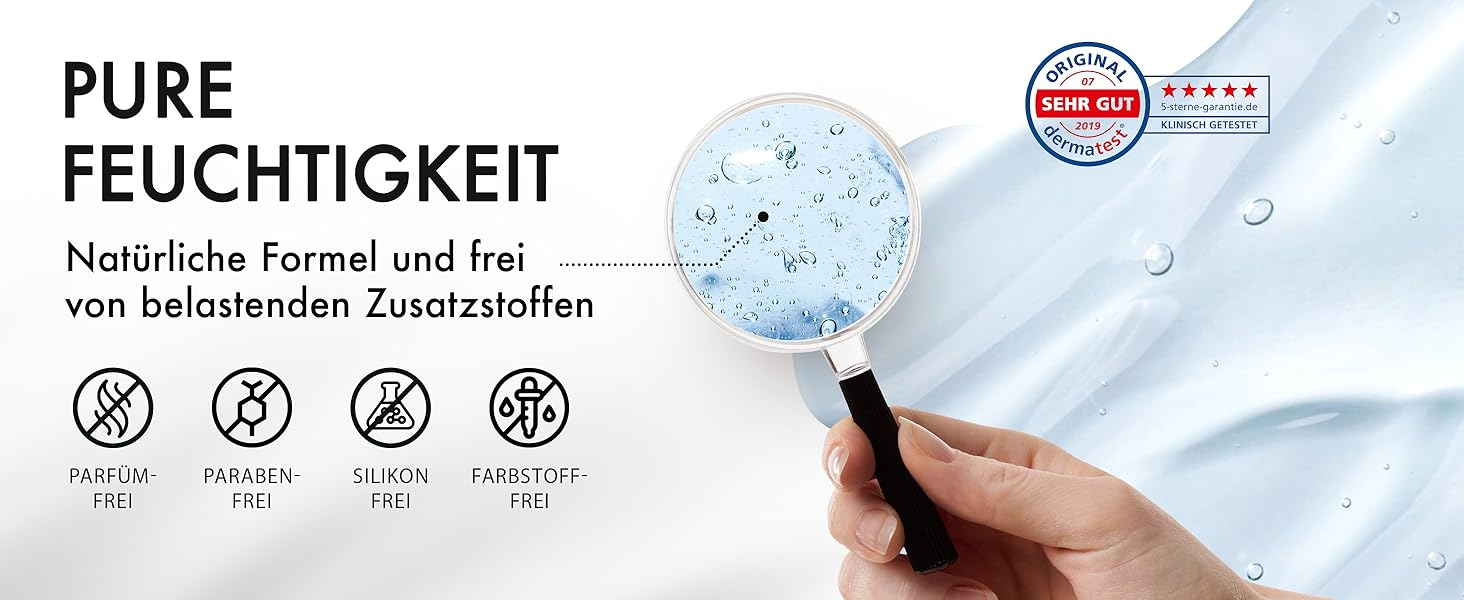 Magnifying glass showing water droplets. Icons indicate product is free from harmful additives. Text 'Pure Feuchtigkeit' (Pure Moisture) visible.