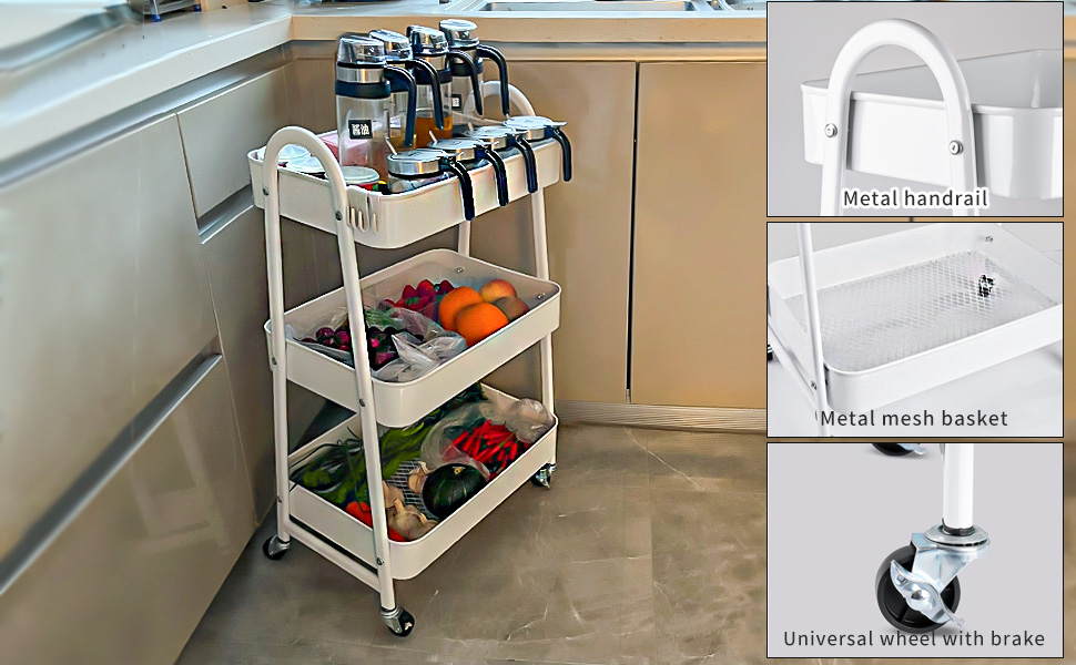 ZHYOCOGY Metal 3 Tier Storage Trolley Utility Cart Rolling Trolley with