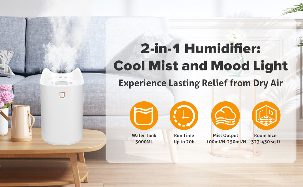 2-in-1 Humidifier: Cool Mist and Mood Light