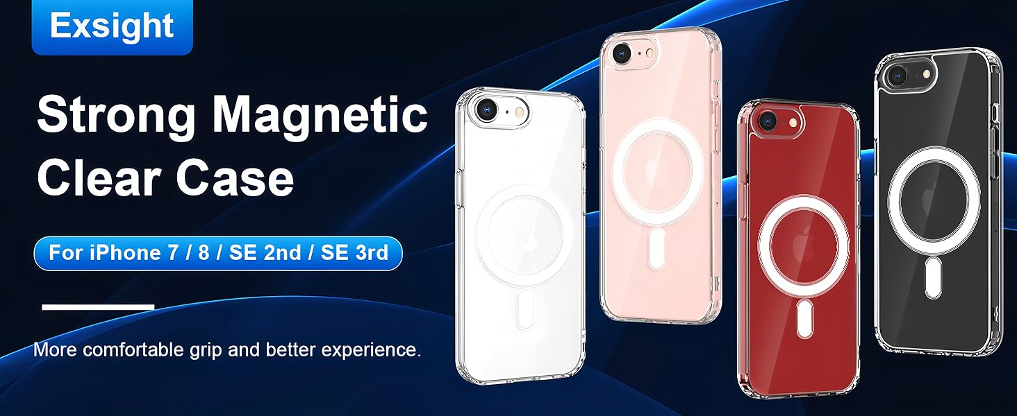 Text reads 'Strong Magnetic', 'Clear Case', 'Exlight'. Product demonstration showing phone case with magnetic mounting system and accessories.