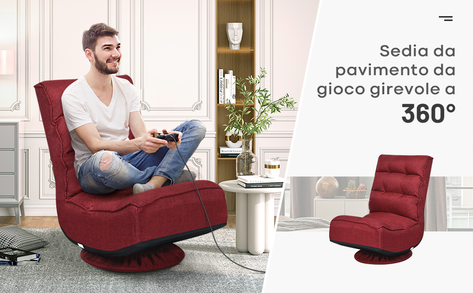 RELAX4LIFE Sedia Da Terra Reclinabile In 5 Posizioni, Poltrona Da Pavimento Con Base Girevole A 360°, Sedia Da Terra Con Schienale Pieghevole, Poltrona Imbottita Morbida (Grigio) 10 1