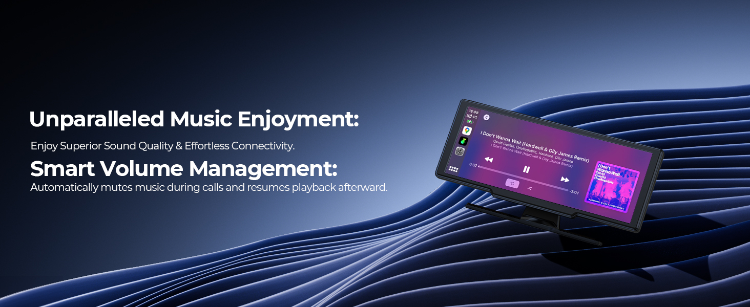 Digital music player interface showing volume management controls against a dark blue background with flowing lines and purple accent lighting.