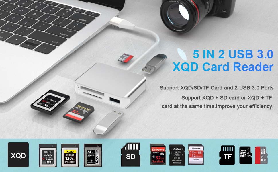 XQD Card Reader, USB 3.0 / USB C to XQD/SD/TF Card Reader