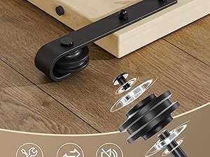 Der Text lautet „Einfache Installation, glatt, geräuschlos“. Schwarzer Türbeschlag mit Montagemechanismus und Explosionsdarstellung der Innenteile und der Halterung.